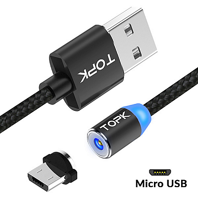 Cabo Micro USB Magnético TOPK PRETO 1m para Celular (Micro USB) 