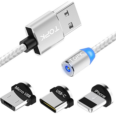  Cabo Usb Magnético Topk 1m (tipo C + Micro Usb + iPhone) PRATA