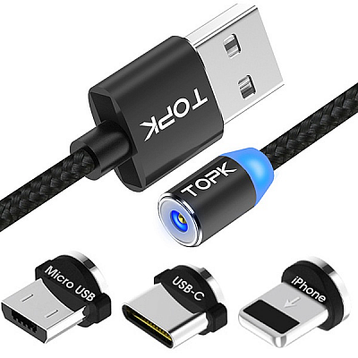 Cabo Usb Magnético Topk 1m (tipo C + Micro Usb + iPhone) PRETO