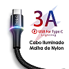 Cabo USB Tipo C (USB-C) Iluminado Quick Charge 3.0 1mt