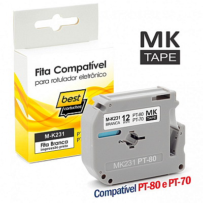 Fita M-K231 Compatível para Rotulador Brother PT-80 PT-70 12mm BRANCO 