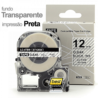 Fita TRANSPARENTE Impressão PRETA 12mm para Rotulador Epson LW-300 400 600