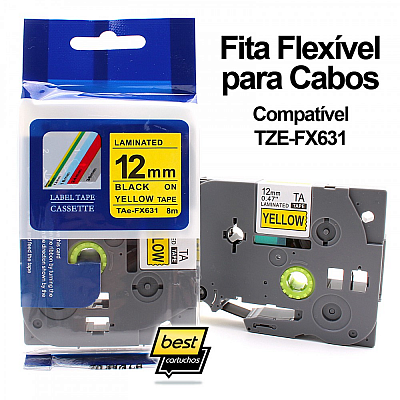 Fita Flexível para Cabos Compatível TZe-FX631 (12mm Preto Sobre Amarelo) para Rotulador Brother