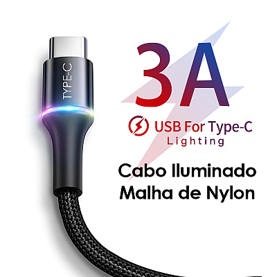 Cabo USB Tipo C (USB-C) Iluminado Quick Charge 3.0 1mt