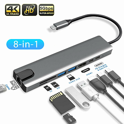 Hub 8 Portas USB C 3.0 HDMI + Rede + Leitor SD
