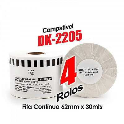 Kit 4 Rolos Etiqueta Compatível DK-2205 62mm x 30mts